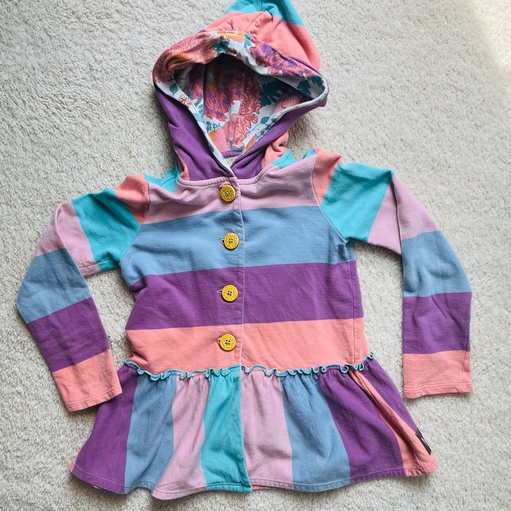 Matilda Jane Girls Striped Hooded button down peplum sweatshirt.